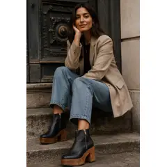 GENERAL - Botín Mujer Cuero Negro Madera Taco alto Grueso con Cremallera