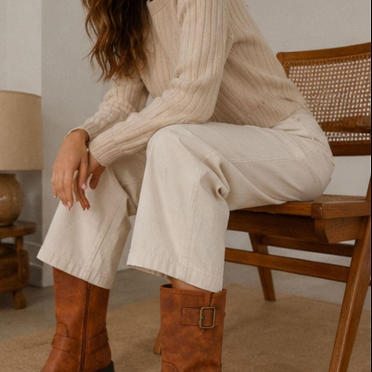 GENERAL - Botín Mujer Camel Estilo Biker Plataforma Taco Grueso con Hebillas