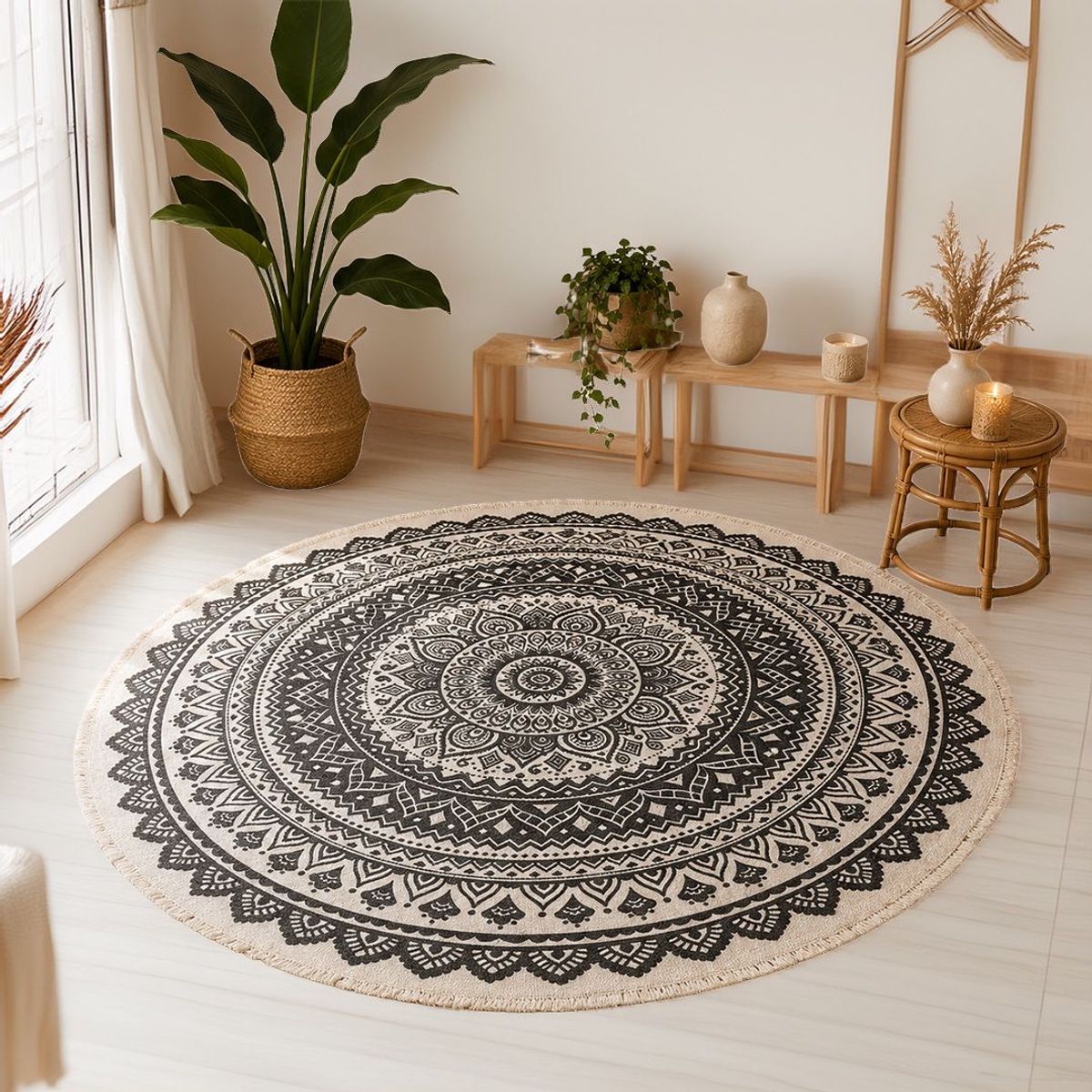 GENERICO - Alfombra de Lino Redonda Beige Mandala