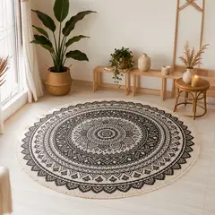 GENERICO - Alfombra de Lino Redonda Beige Mandala