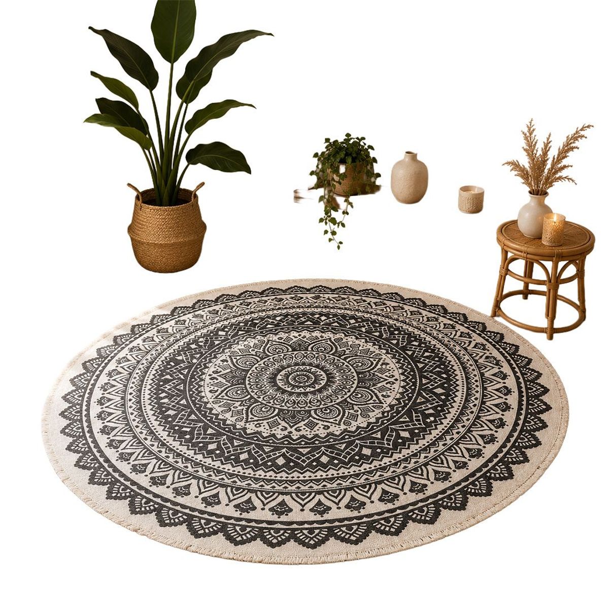 GENERICO - Alfombra de Lino Redonda Beige Mandala