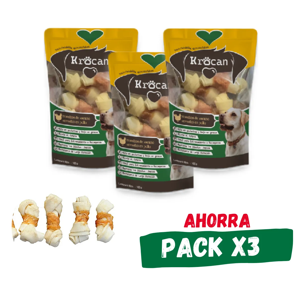 KROCAN - Snack Perro - Pack 3 Hueso Vacuno Con Pollo 100gr - Krocan®