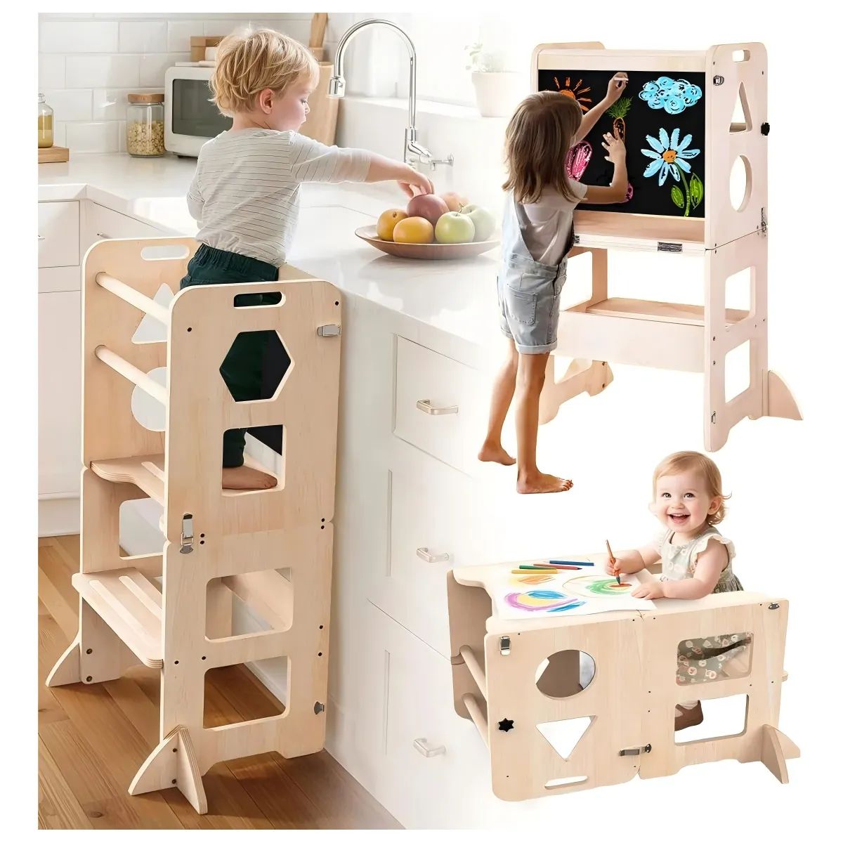 MAMITA Y BEBE - Torre De Aprendizaje Montessori 3 En 1 Plegable Con Pizarra Madera