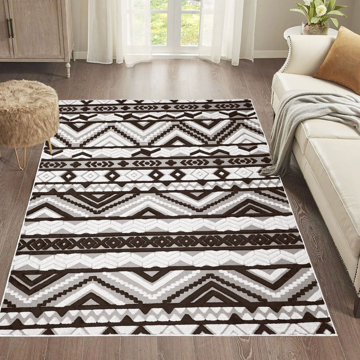 GENERICO - ALFOMBRA MODERNA CAFE ZIGZAG JACQUARD 160X200 CM HERMOSO DISEÑO DECORATIVA CMIO