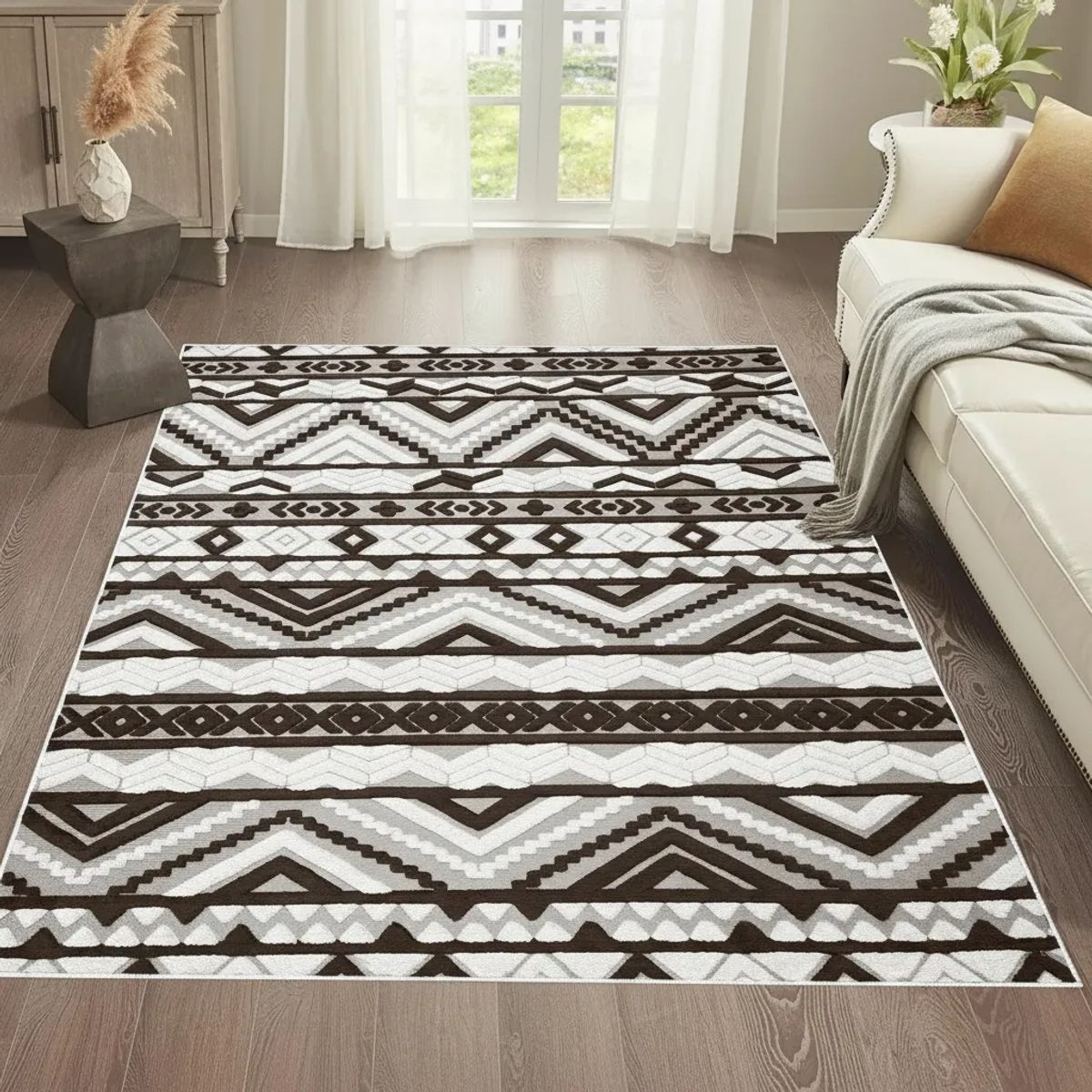 GENERICO - ALFOMBRA MODERNA CAFE ZIGZAG JACQUARD 160X200 CM HERMOSO DISEÑO DECORATIVA CMIO
