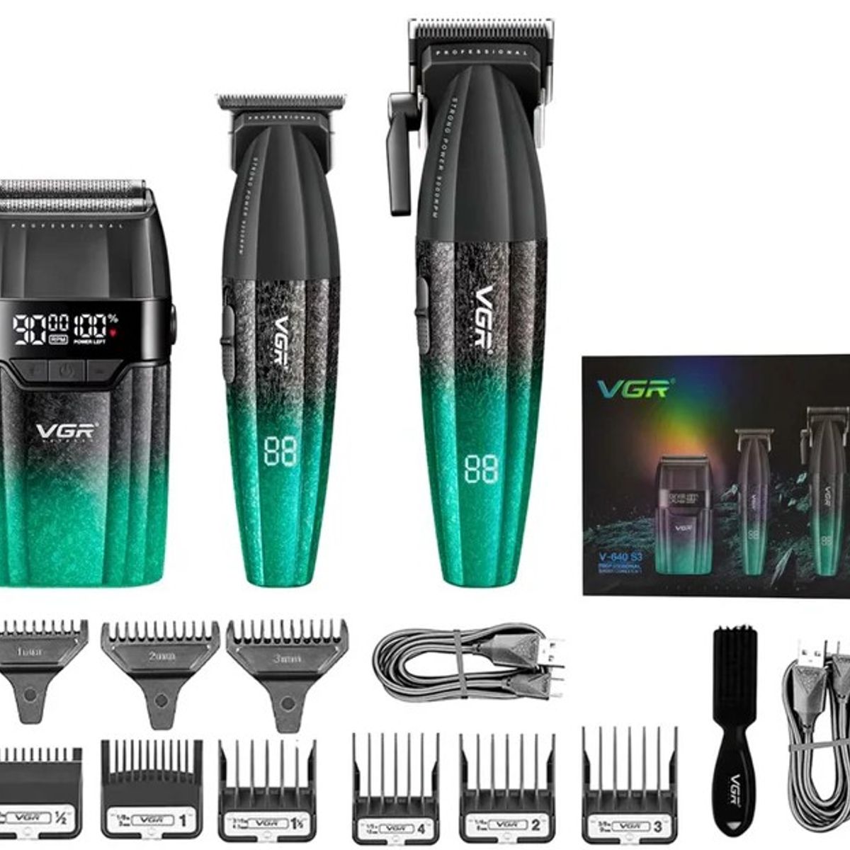 VGR - Barber Combo VGR640S3 Cortadora, Patillera y Afeitadora Verde