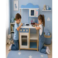 GENERICO - Cocina de Madera Infantil con Microondas y Horno - Celeste y Blanco