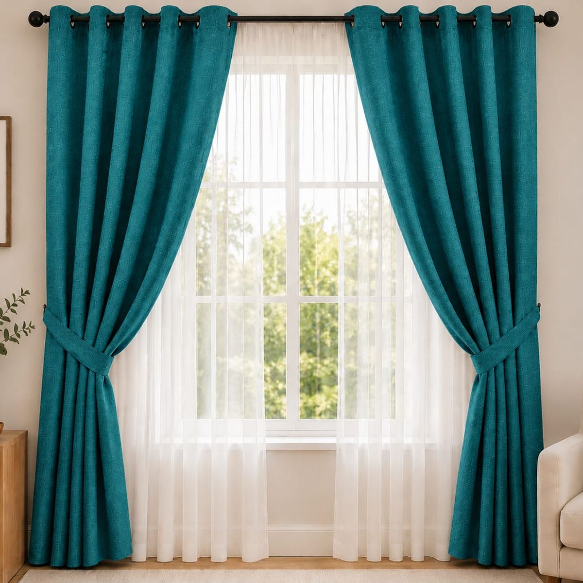 GENERICO - Cortina Gruesa de Lino Bambu 2 paños 1.45m x 2.20m Argollas Metalica