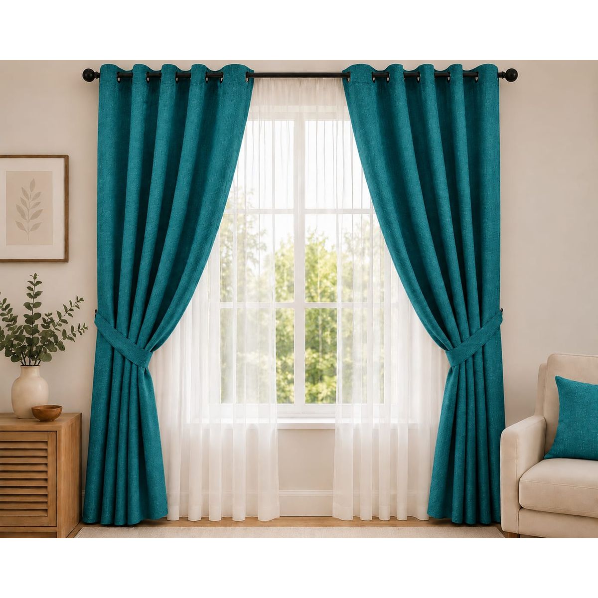 GENERICO - Cortina Gruesa de Lino Bambu 2 paños 1.45m x 2.20m Argollas Metalica
