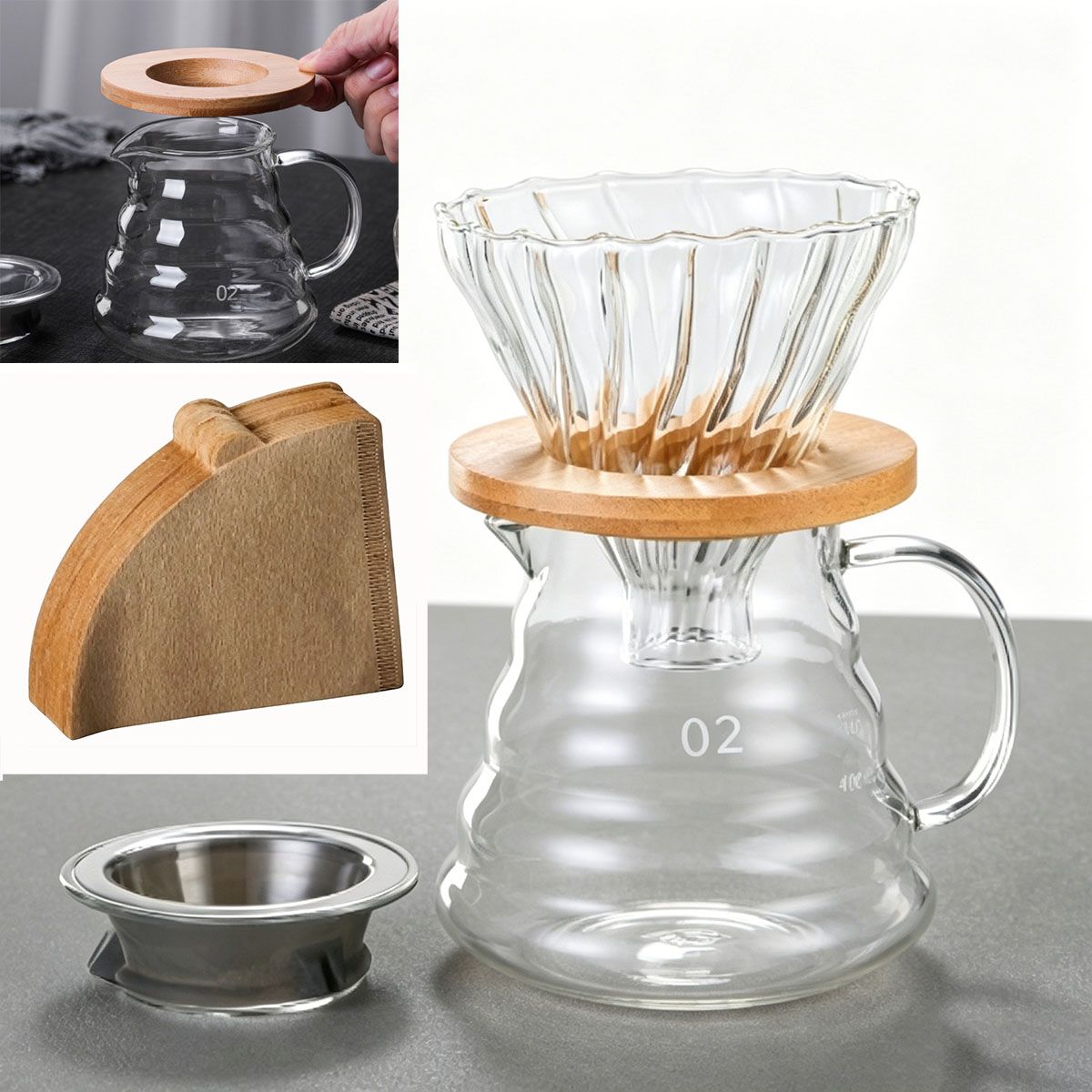 GENERICO - Set Cafetera De Vidrio 600ml + 100 Filtros V60 - Estilo Nube