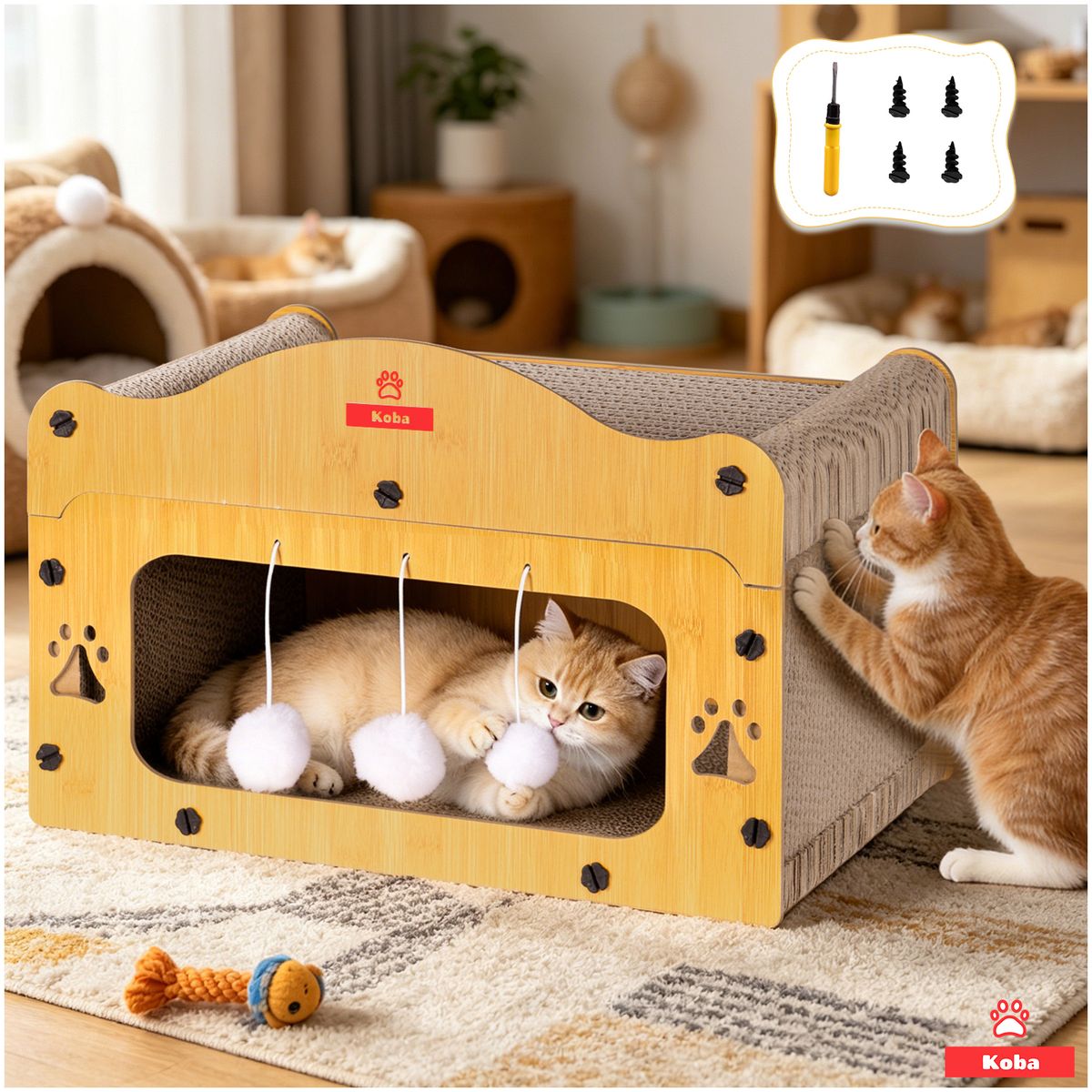 KOBA - Rascador Casa De Cartón Gatos Michis Tipo Cueva Con Pompones