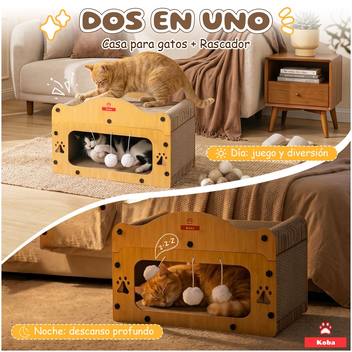 KOBA - Rascador Casa De Cartón Gatos Michis Tipo Cueva Con Pompones
