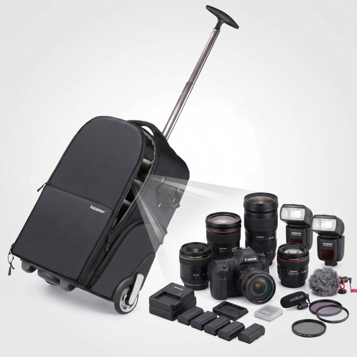 DECO GEAR - Mochila Cámara Deco Gear 3-en-1 Carrito Trolley, Bolso y Mochila Impermeable Divisores Acolchados