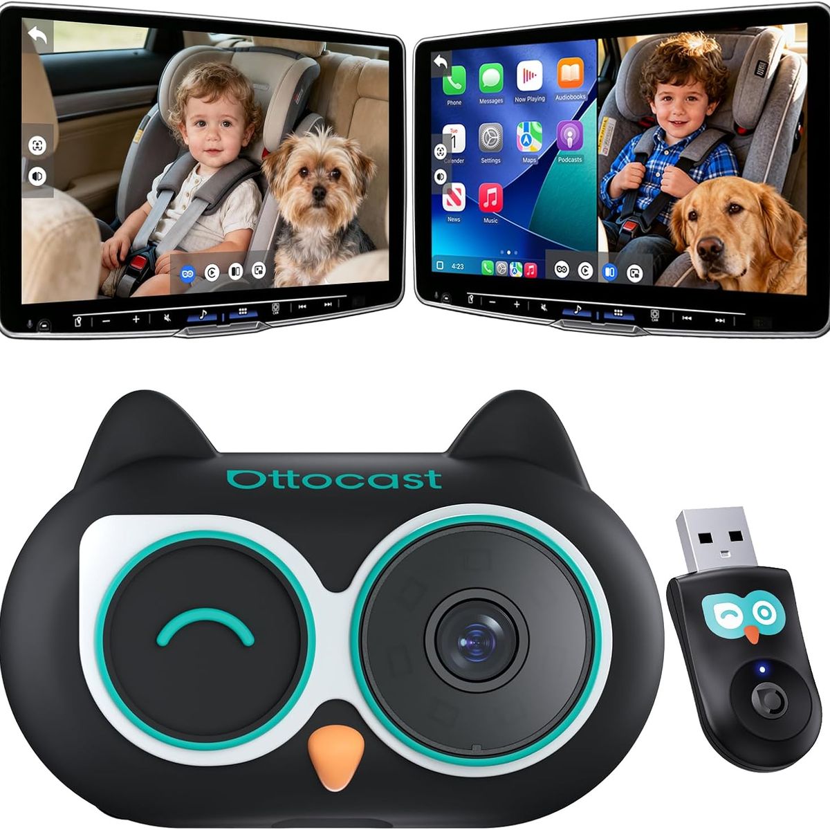 OTTOCAST - OTTO Caja inalámbrica CarPlay con cámara HD para supervisar a los niños y visión nocturna de 150°