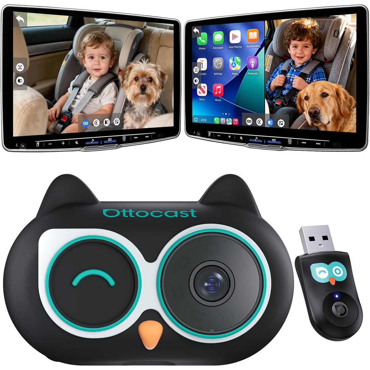 OTTOCAST - OTTO Caja inalámbrica CarPlay con cámara HD para supervisar a los niños y visión nocturna de 150°