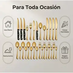 GENERICO - Set 24 Piezas Cubiertos Cuchillería Acero Inoxidable Dorado