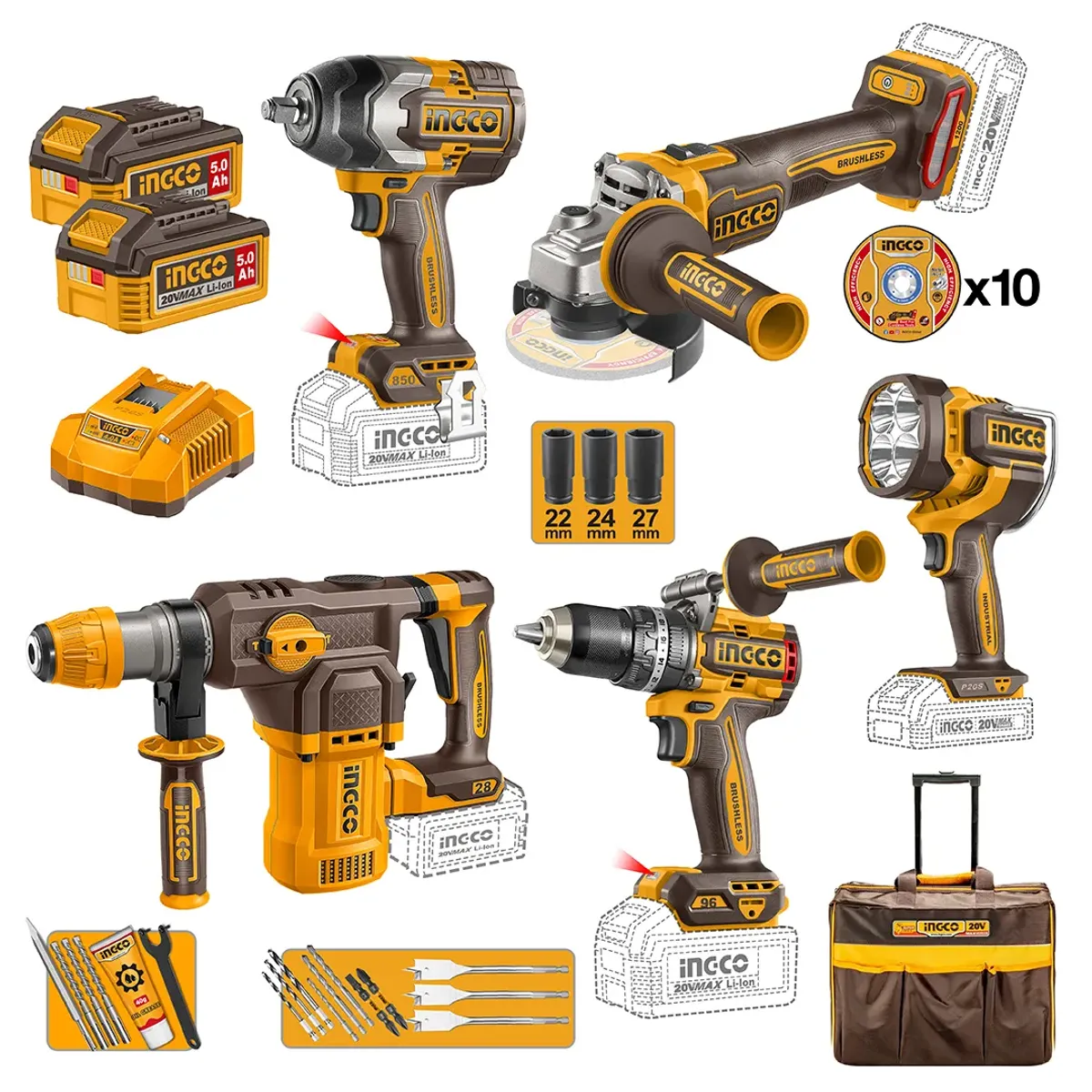 INGCO - Combo INGCO: Taladro + Llave Imp + Esmeril + Rotomartillo