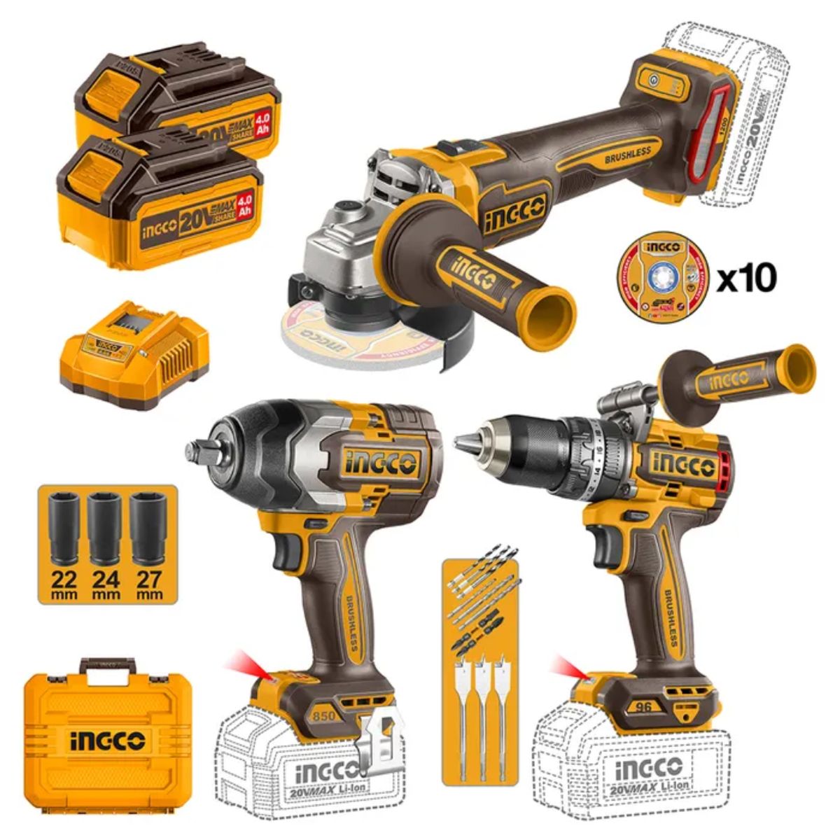 INGCO - Set Ingco Taladro Pe+ Pistola De Impacto + Esmeril +2bat