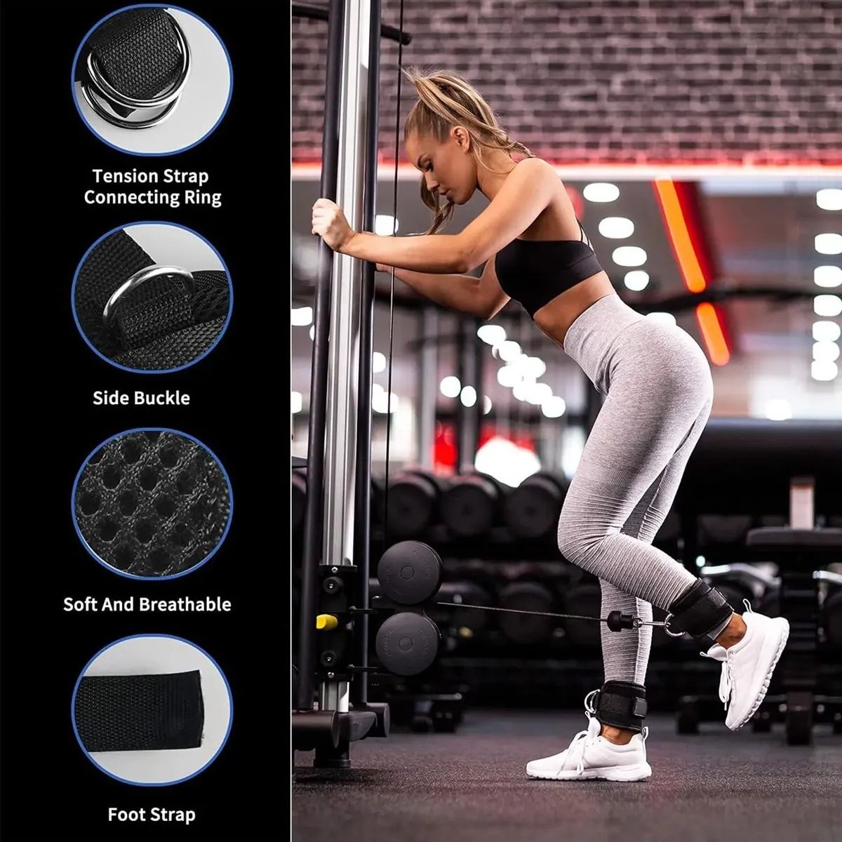 GENERICO - Par Tobilleras Para Polea Negra Enganche Gym Glúteos Labg