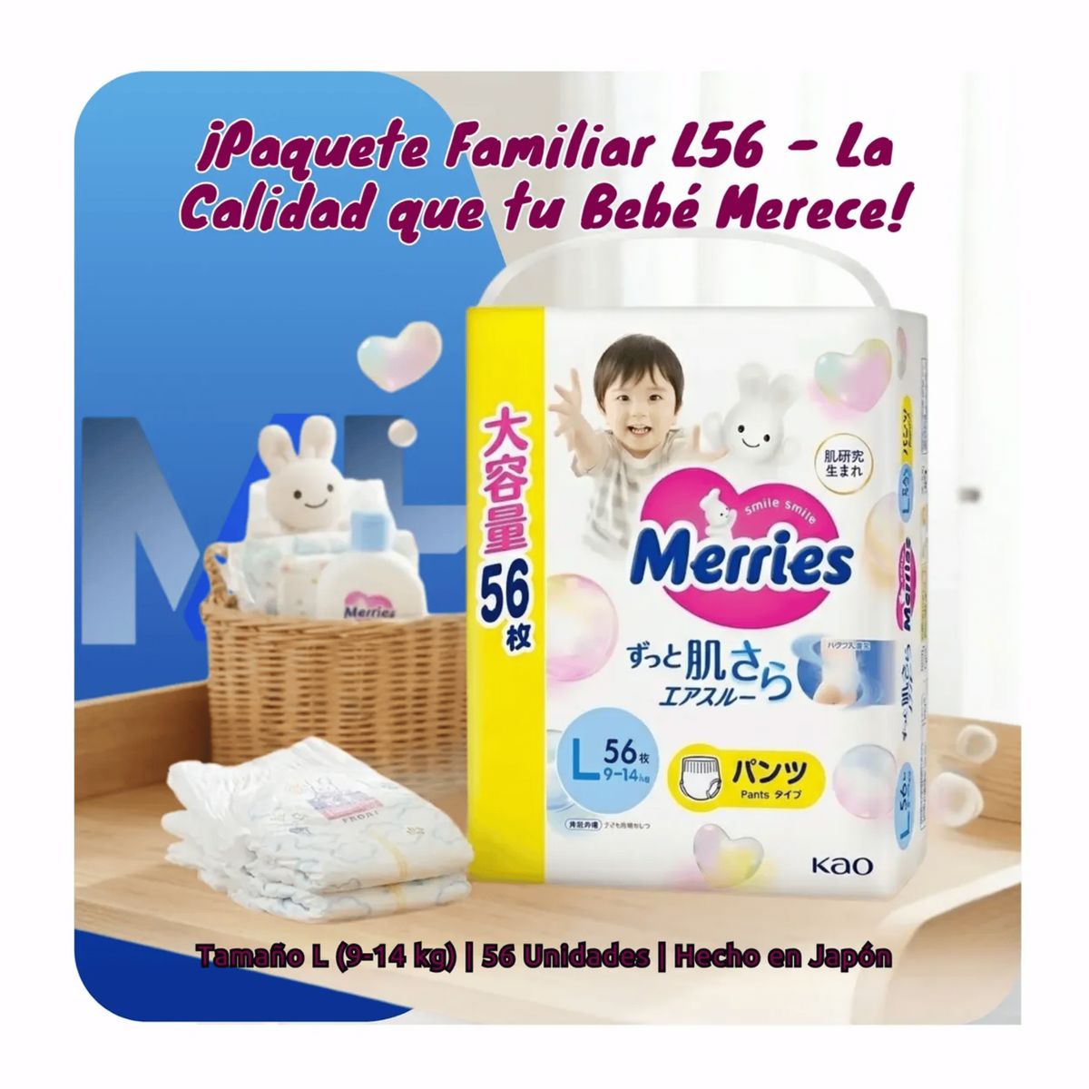 MERRIES - Pañales Merries Pants Talla L 9-14kg 56 Unidades Ultra Jumbo