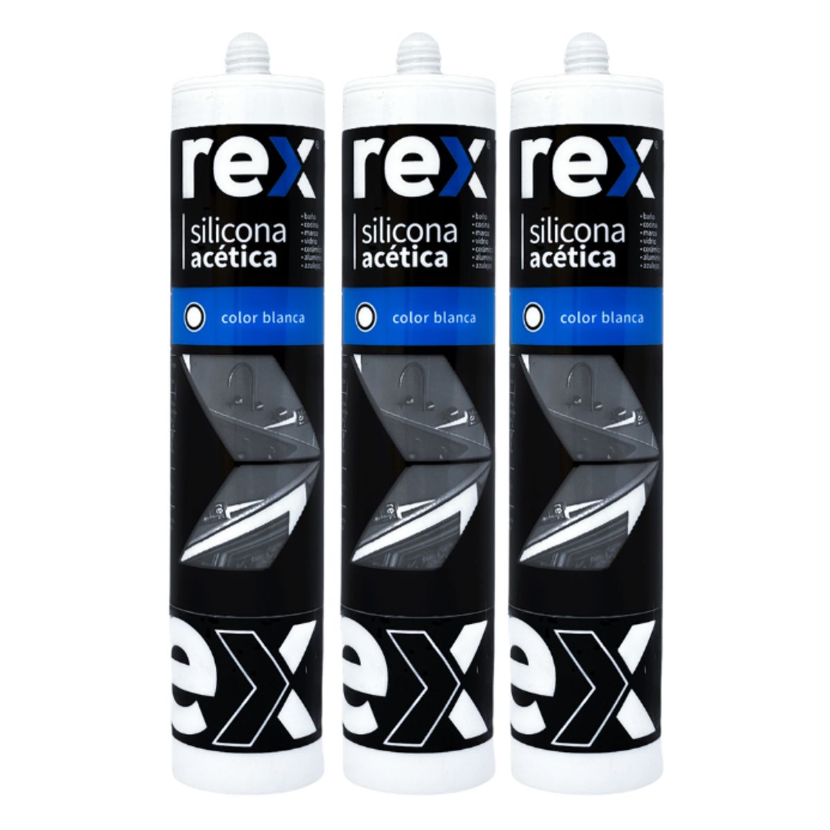 REX - Pack 3 Silicona Acética Blanca con Fungicida Rex Cartucho 300 ml