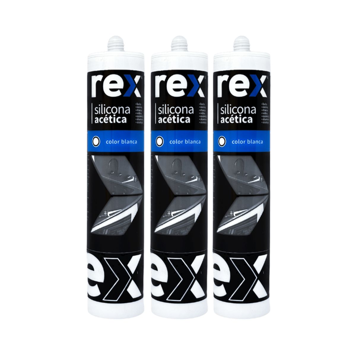 REX - Pack 3 Silicona Acética Blanca con Fungicida Rex Cartucho 300 ml