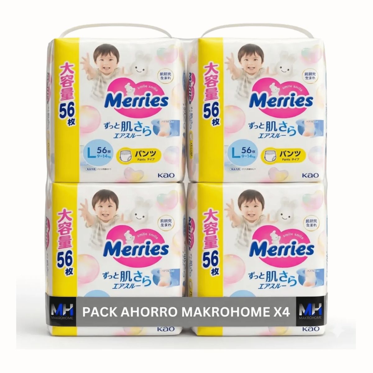 MERRIES - Pack 4 Pañales Merries Pants Talla L 9-14kg 224 Unidades