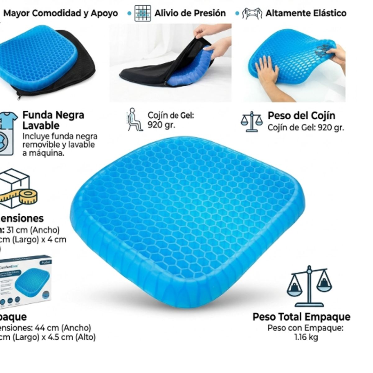 IRM - Cojin Gel Egg Sitter Ortopedico Transpirable Silla Oficina Auto Hogar Alivio Presion Lavable