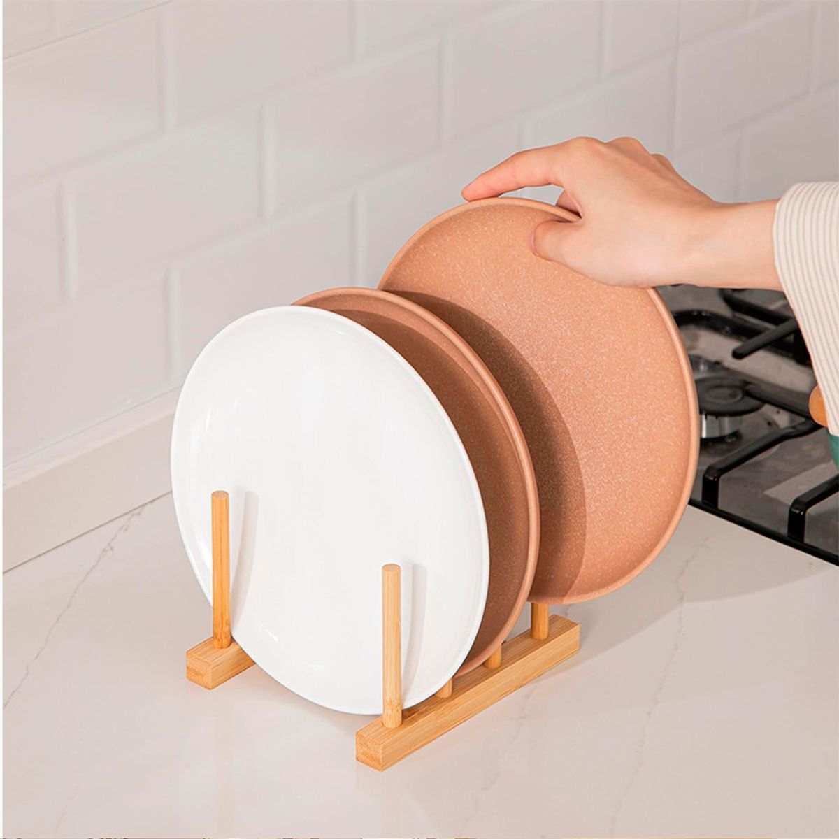 WAKESHOME - Soporte Para Platos Y Tapas De Madera Organizador De Cocina