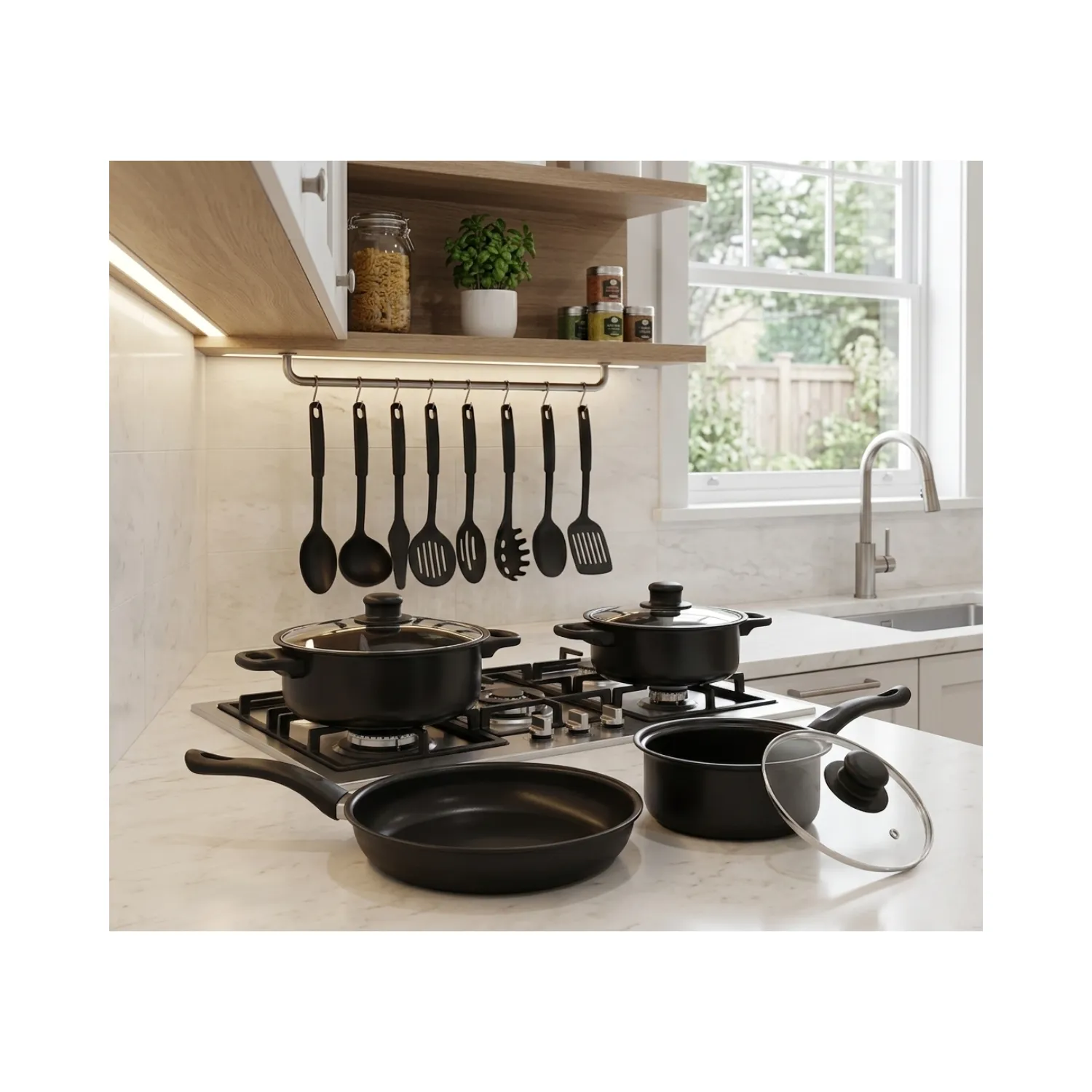 GENERICO Bateria de Cocina 13 Piezas Antiadherente: 3 Ollas + Sartén +  Utensilios - Negro | Falabella Chile