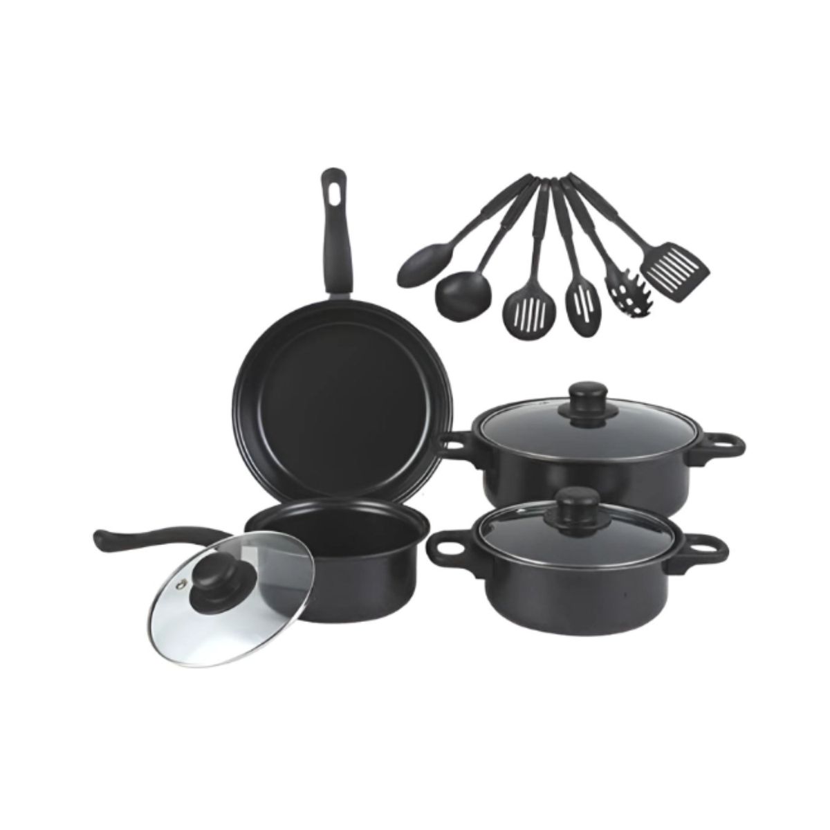 GENERICO - Bateria de Cocina 13 Piezas Antiadherente: 3 Ollas + Sartén + Utensilios - Negro
