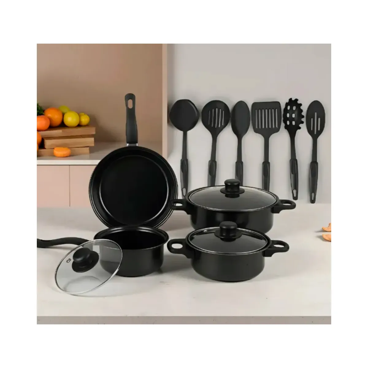 GENERICO - Bateria de Cocina 13 Piezas Antiadherente: 3 Ollas + Sartén + Utensilios - Negro