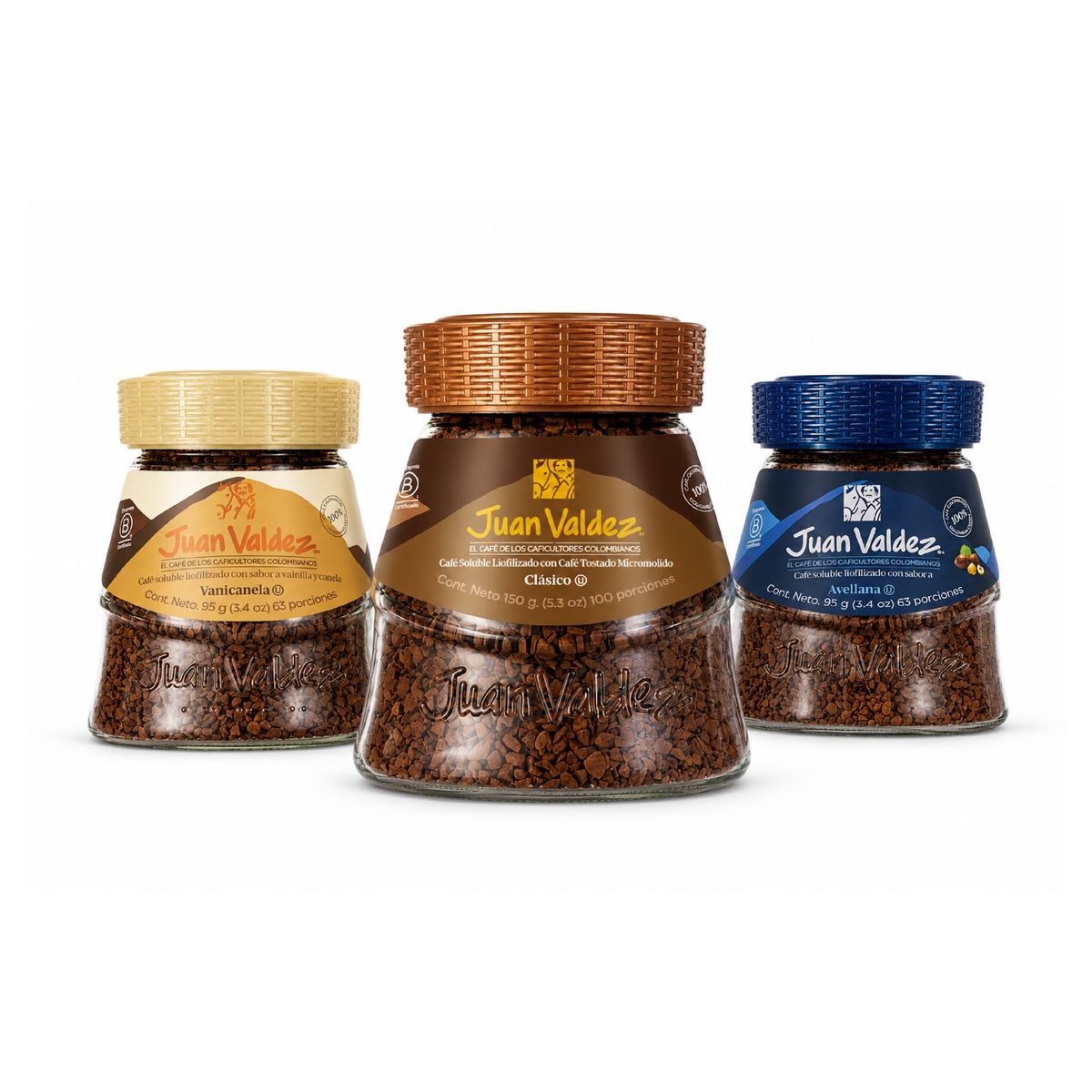 JUAN VALDEZ - Pack 3 Café Liofilizado 150 g, Liofilizado Avellana 95g y Liofilizado Vanicanela 95 g