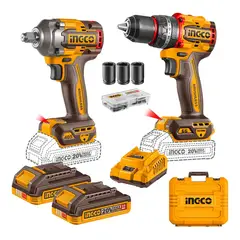 INGCO - SET TALADRO PERCUTOR Y PISTOLA IMPACTO BL +2BAT, CARG