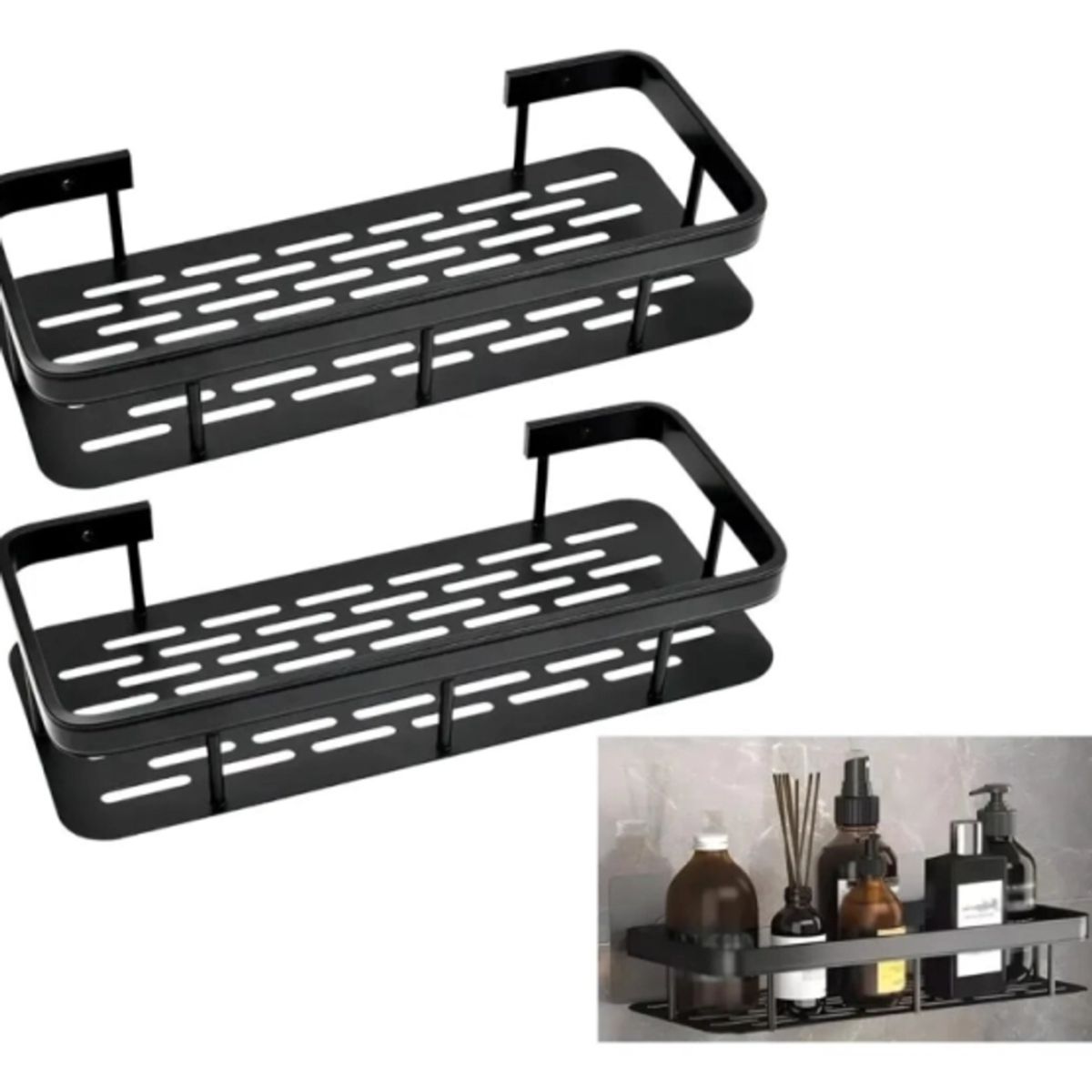 IRM - Repisa Organizador X2 De Cocina Y Baño Negro Mate Sin Tornillos Resistente Agua Y Oxido FIGOIMPORT
