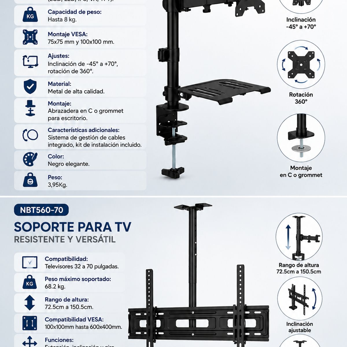 IRM - Pack Soporte TV Techo Colgante + Brazo Doble Monitor Escritorio Articulado Universal Negro