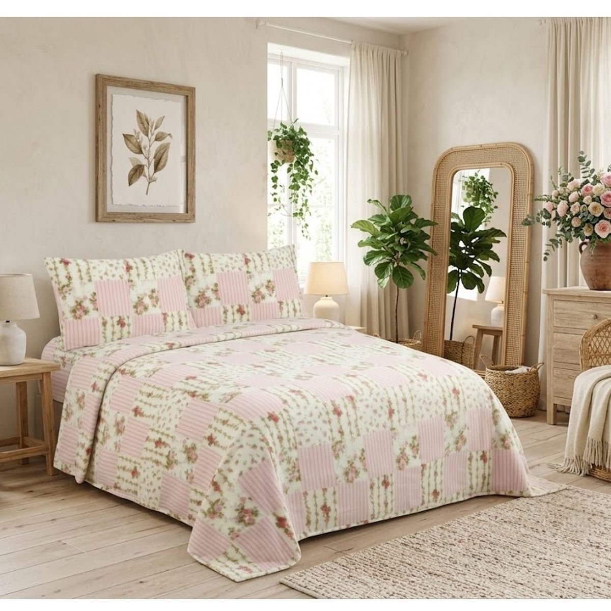 ALMA & DECO - Juego De Sábanas Polar Estampada 2 Plazas Flor Delicatesse Premium