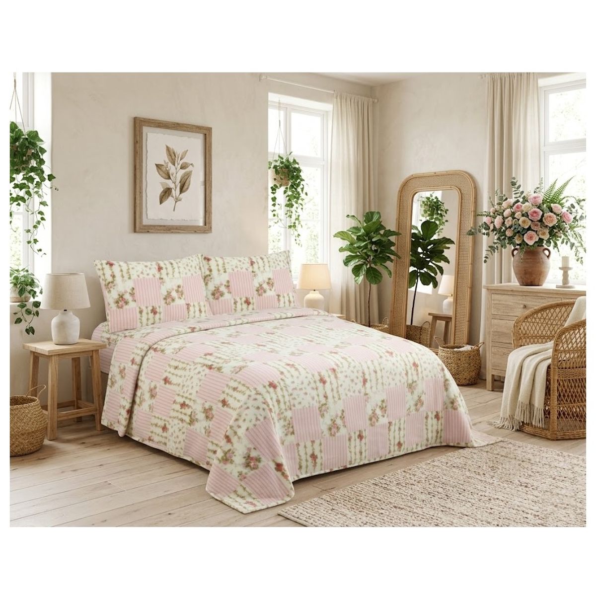 ALMA & DECO - Juego De Sábanas Polar Estampada 2 Plazas Flor Delicatesse Premium