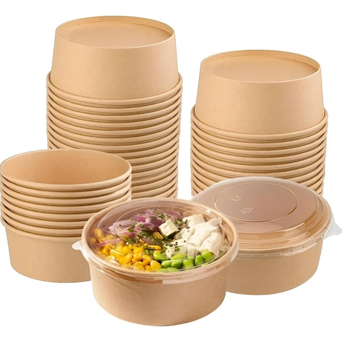 PASTELERIUSCL - X100 Bowl Con Tapa Bowls Plastico Envases Bowl Kraft 750 Cc Beige / Bowl Con Tapa 750cc