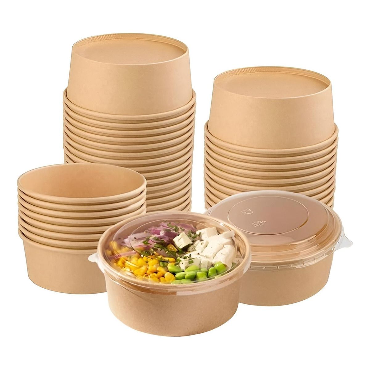 PASTELERIUSCL - X100 Bowl Con Tapa Bowls Plastico Envases Bowl Kraft 750 Cc Beige / Bowl Con Tapa 750cc