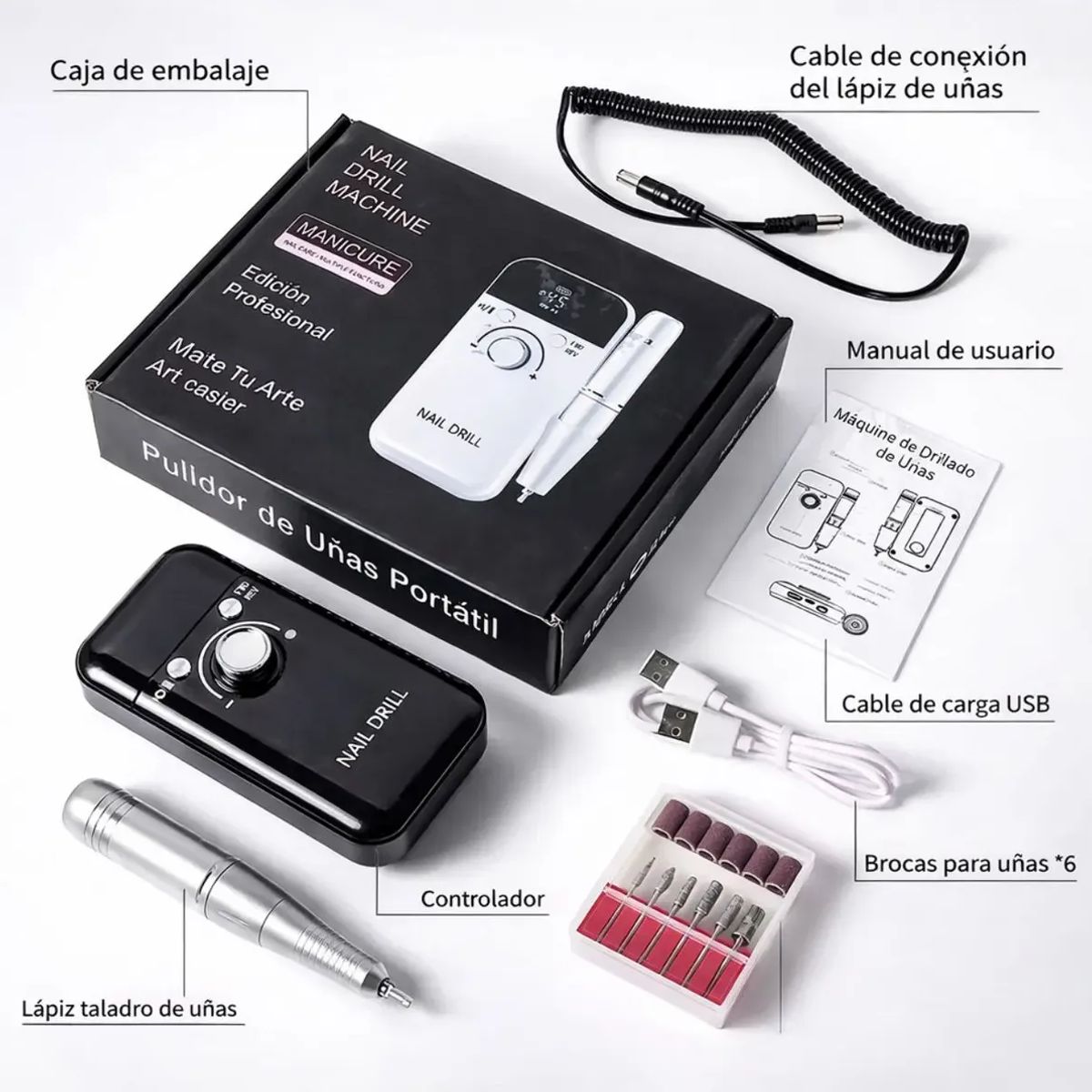 GENERICO - Torno Extractor De Uñas Eléctrico Profesional Portátil 45000 Rpm Rosa Inalámbrico Recargable