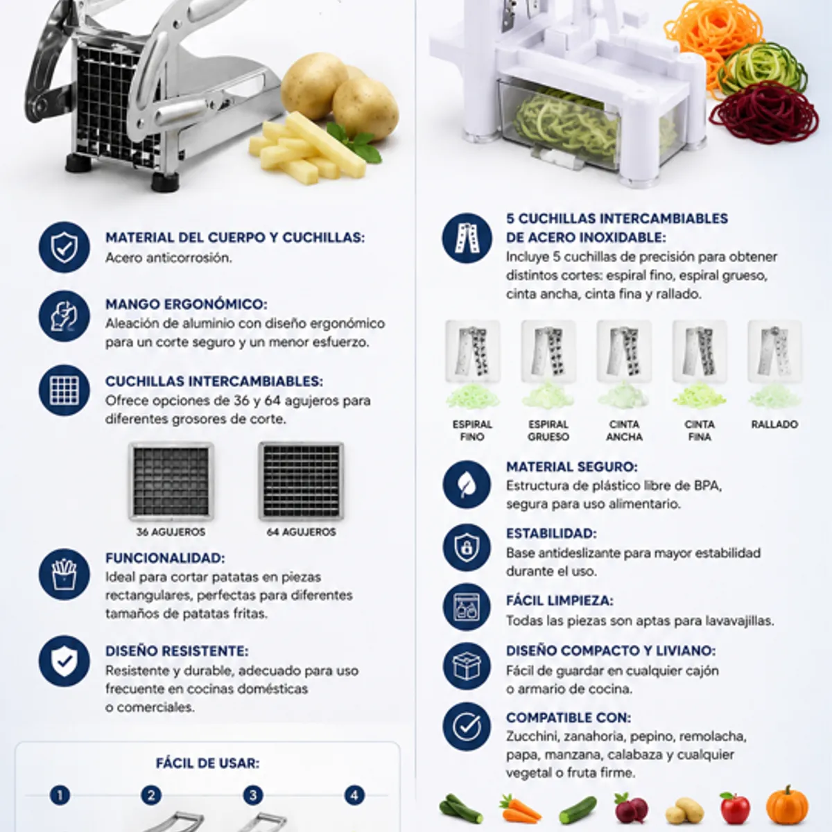 IRM - Pack Cocina Saludable Spiralizador Verduras + Cortador Papa Manual Acero Hogar Dieta Facil