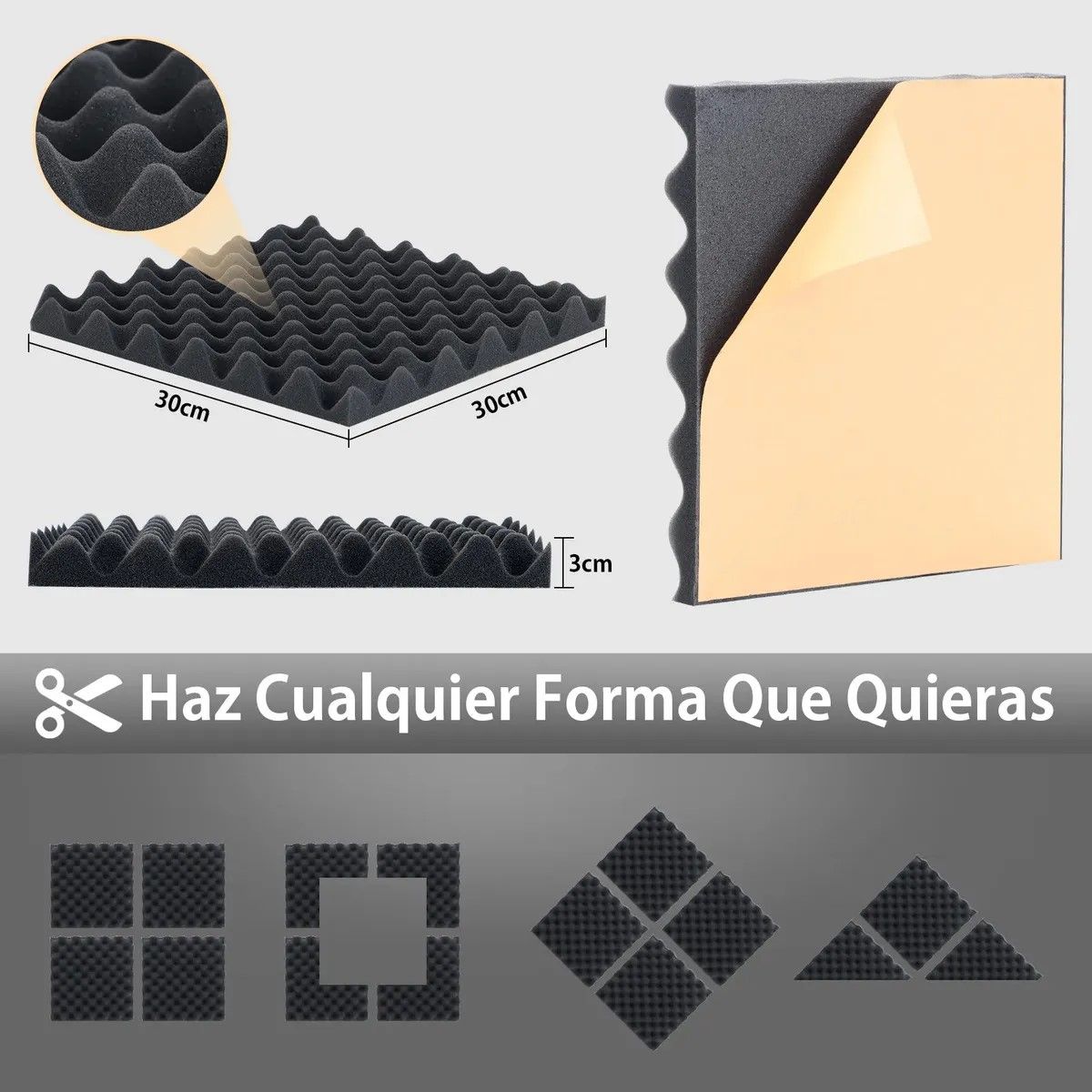 GENERICO - 24 Paneles Acústicos Espuma Acústica Autoadhesiva 30x30x3cm Color Negro BELUG
