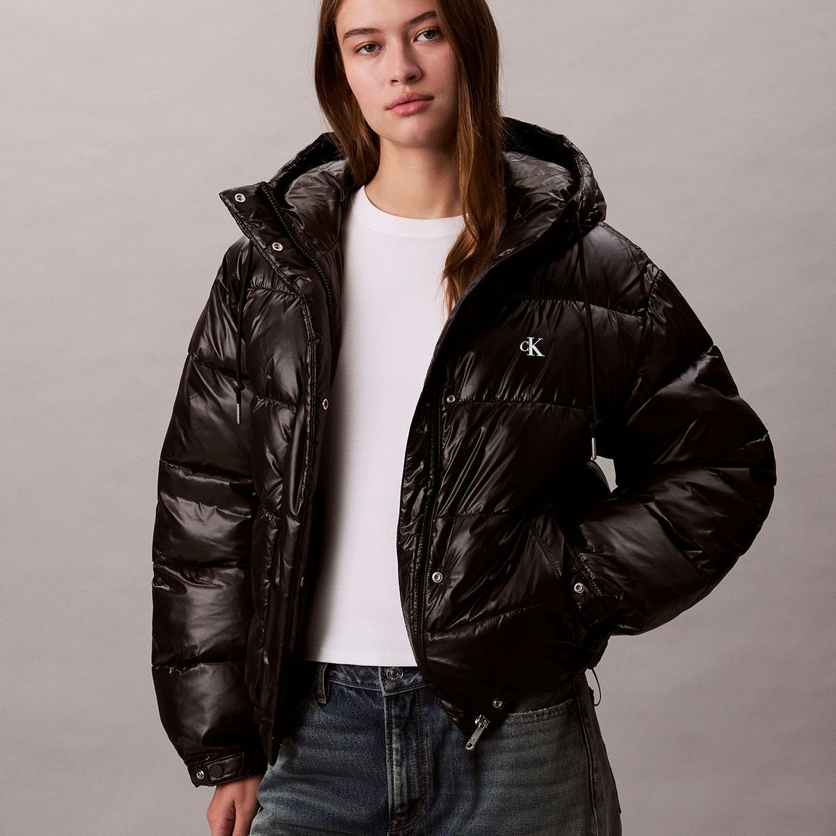 CALVIN KLEIN - Parka Puffer Brillante con Gorro Negro Calvin Klein