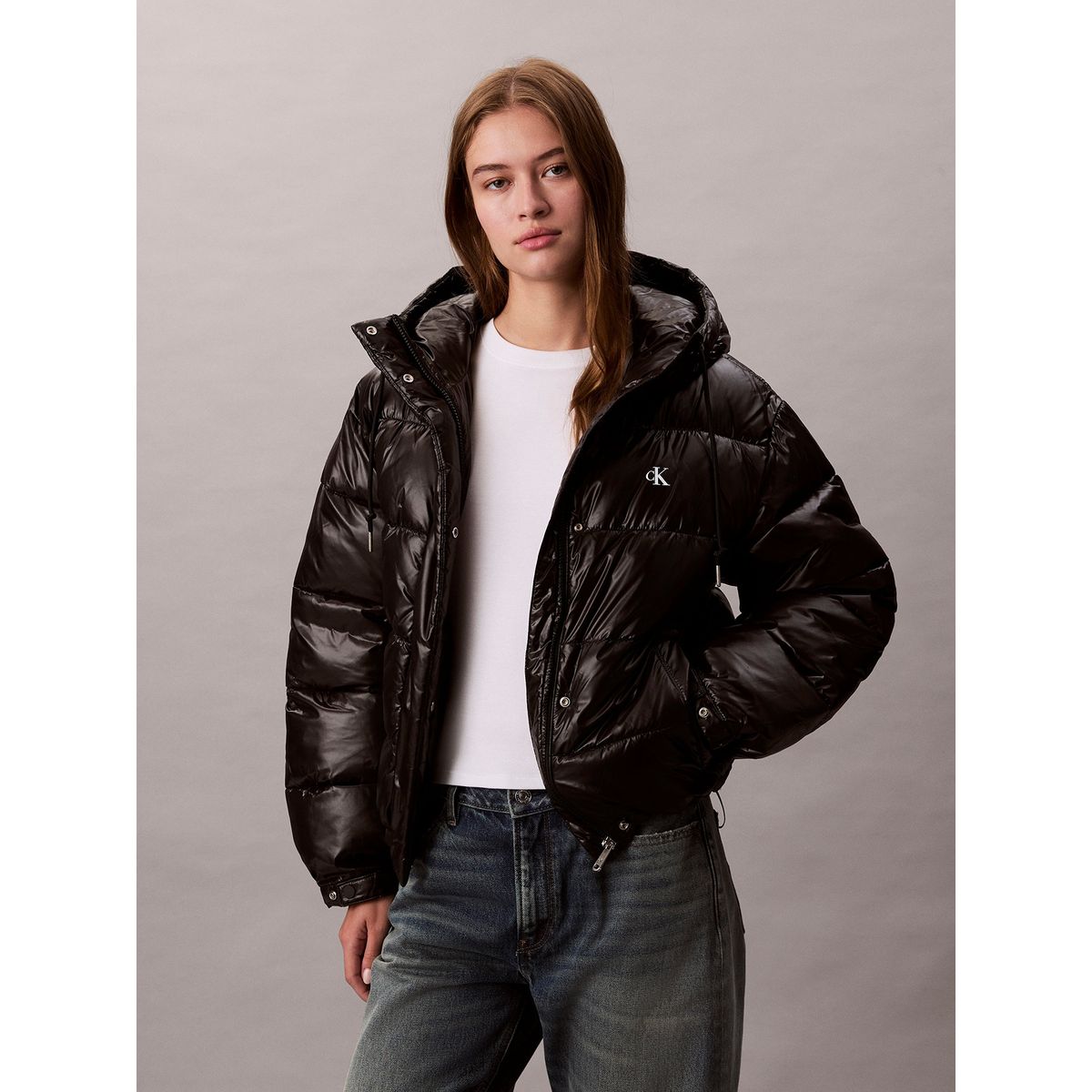 CALVIN KLEIN - Parka Puffer Brillante con Gorro Negro Calvin Klein
