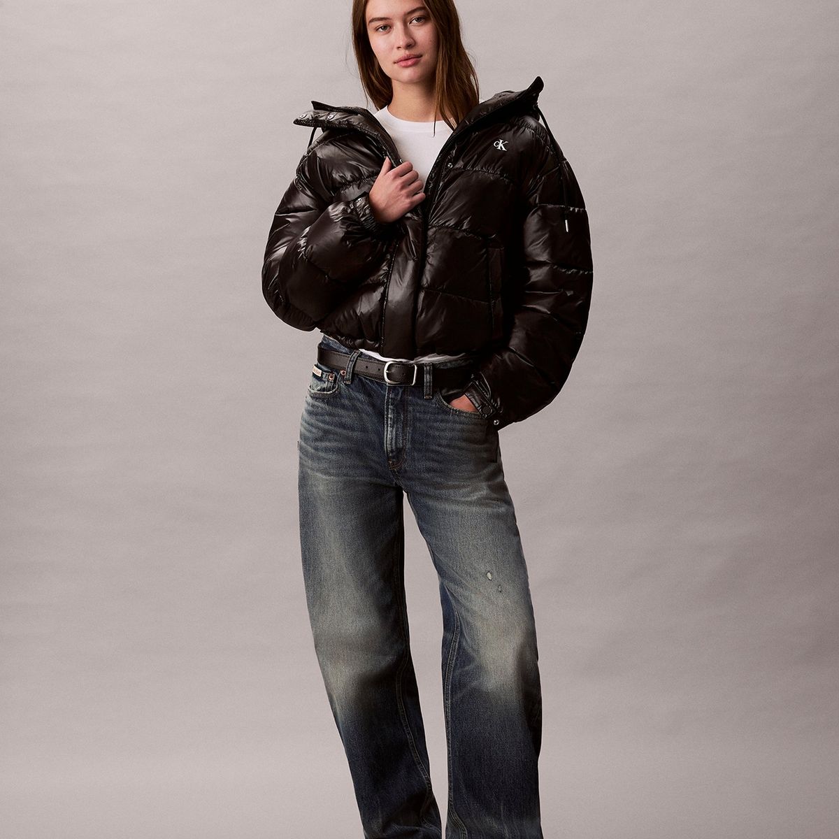 CALVIN KLEIN - Parka Puffer Brillante con Gorro Negro Calvin Klein
