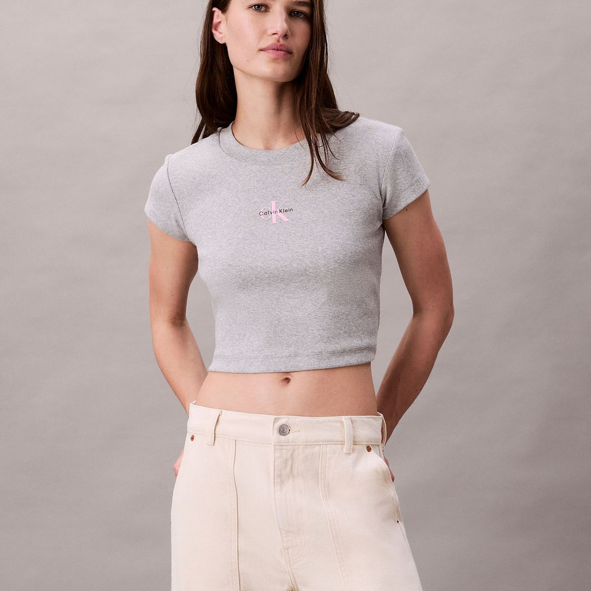 CALVIN KLEIN - Polera con Tejido Acanalado Gris Calvin Klein