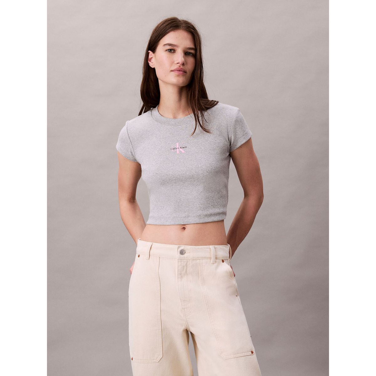 CALVIN KLEIN - Polera con Tejido Acanalado Gris Calvin Klein