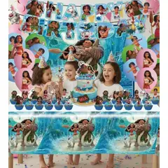 GENERICO - Set decoracion Cotillón para Cumpleaños personaje de Moana + Tela De Fondo