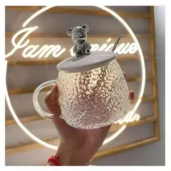 GENERICO - Taza De Vidrio Para Café Con Diseño De Oso Y Tapa + cuchara